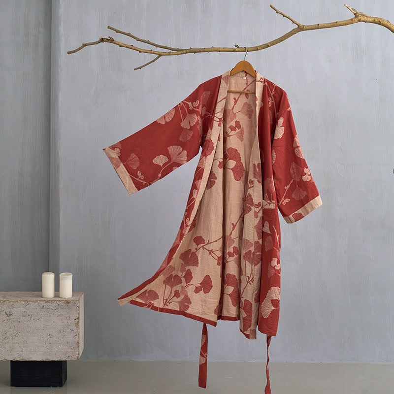 Kimono en coton avec grand motif de feuilles de ginkgo – Robe de chambre en gaze double couche pour femmes et hommes, vêtement d’intérieur en tissu éponge | Sulvida