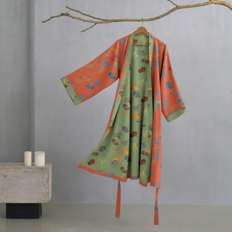 Peignoir kimono luxueux en gaze de coton avec imprimé de Ginkgo biloba | Robe de chambre légère pour femmes et hommes | Tissu respirant en gaze double couche | Sulvida