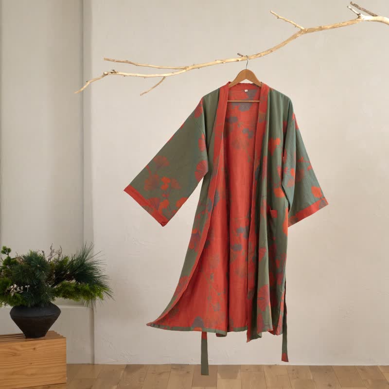 Kimono en coton avec grand motif de feuilles de ginkgo – Robe de chambre en gaze double couche pour femmes et hommes, vêtement d’intérieur en tissu éponge | Sulvida