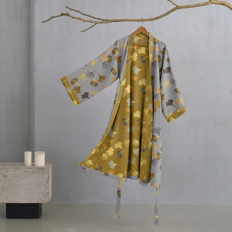 Peignoir kimono luxueux en gaze de coton avec imprimé de Ginkgo biloba | Robe de chambre légère pour femmes et hommes | Tissu respirant en gaze double couche | Sulvida