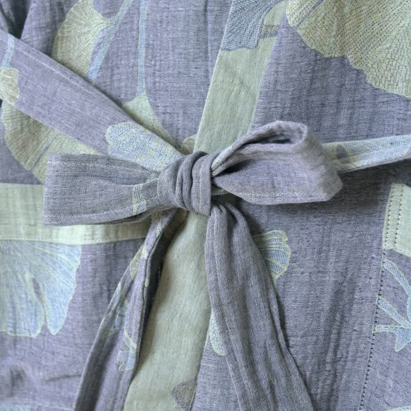 Organisch Katoenen Kimono Badjas met Ginkgo Bladeren Patroon – Omkeerbaar Tweekleurig Design voor Dames en Heren – Luchtige Gaas Kwaliteit – Luxe Loungewear met Bijpassende Riem | Sulvida