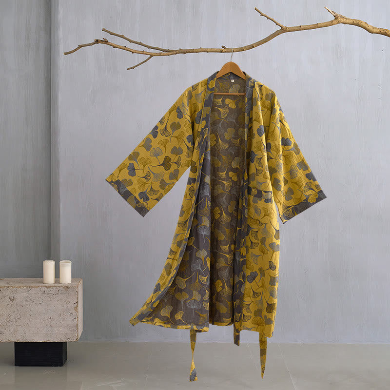 Peignoir kimono luxueux en gaze de coton avec imprimé de Ginkgo biloba | Robe de chambre légère pour femmes et hommes | Tissu respirant en gaze double couche | Sulvida