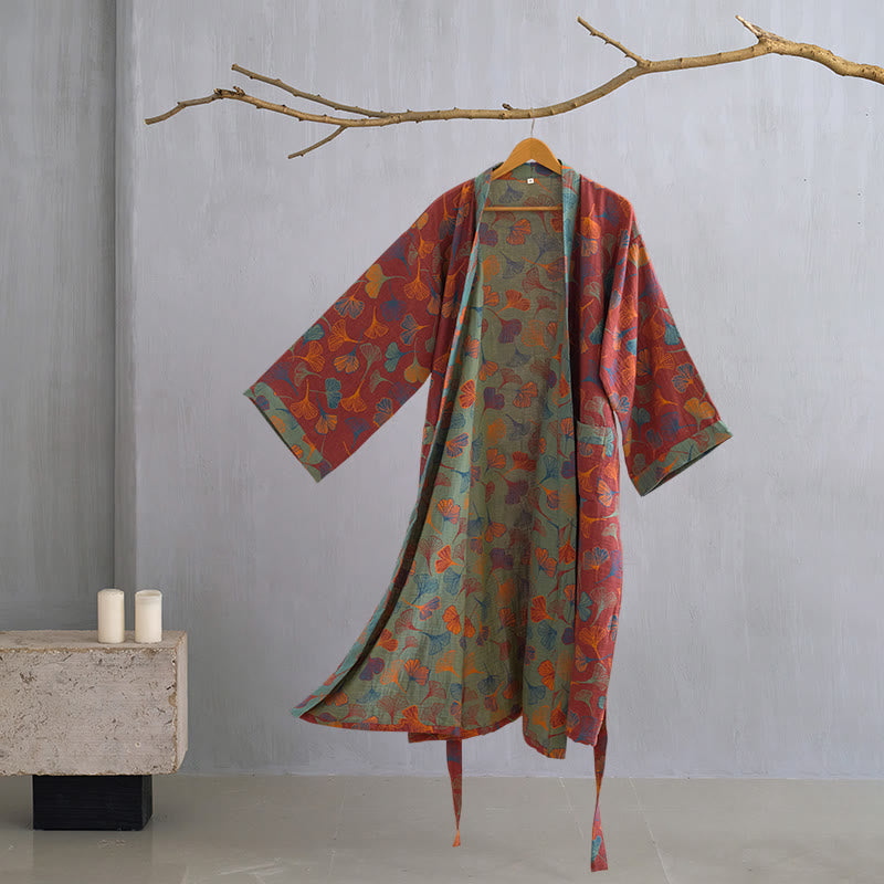 Peignoir kimono luxueux en gaze de coton avec imprimé de Ginkgo biloba | Robe de chambre légère pour femmes et hommes | Tissu respirant en gaze double couche | Sulvida