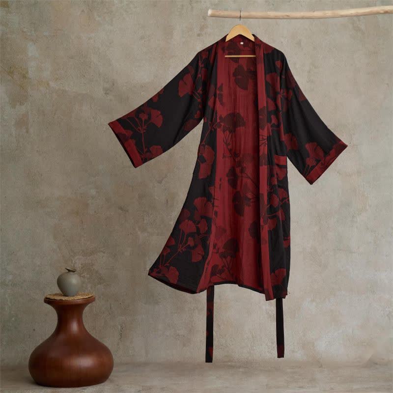 Kimono en coton avec grand motif de feuilles de ginkgo – Robe de chambre en gaze double couche pour femmes et hommes, vêtement d’intérieur en tissu éponge | Sulvida