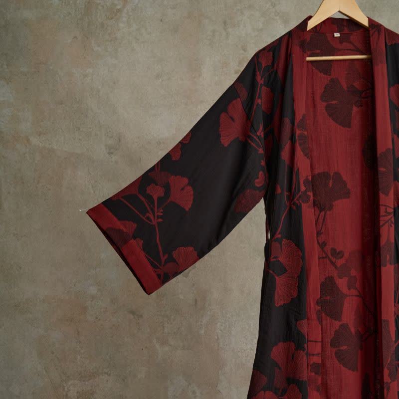 Kimono en coton avec grand motif de feuilles de ginkgo – Robe de chambre en gaze double couche pour femmes et hommes, vêtement d’intérieur en tissu éponge | Sulvida