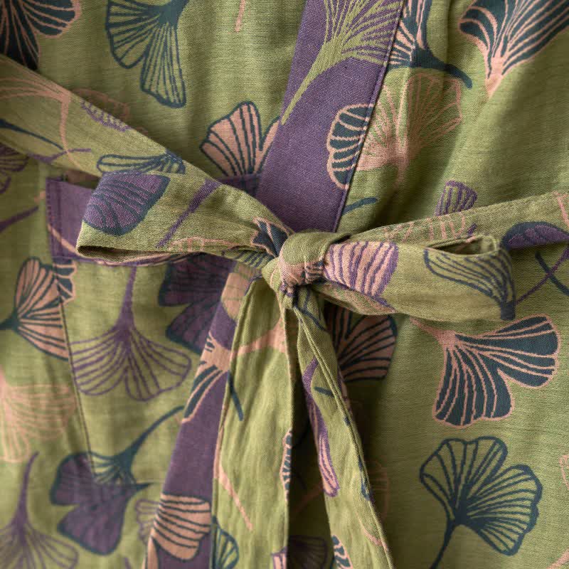 Peignoir kimono luxueux en gaze de coton avec imprimé de Ginkgo biloba | Robe de chambre légère pour femmes et hommes | Tissu respirant en gaze double couche | Sulvida