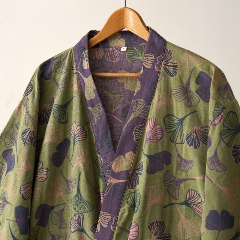 Peignoir kimono luxueux en gaze de coton avec imprimé de Ginkgo biloba | Robe de chambre légère pour femmes et hommes | Tissu respirant en gaze double couche | Sulvida