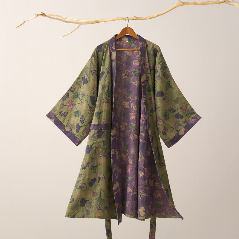 Peignoir kimono luxueux en gaze de coton avec imprimé de Ginkgo biloba | Robe de chambre légère pour femmes et hommes | Tissu respirant en gaze double couche | Sulvida