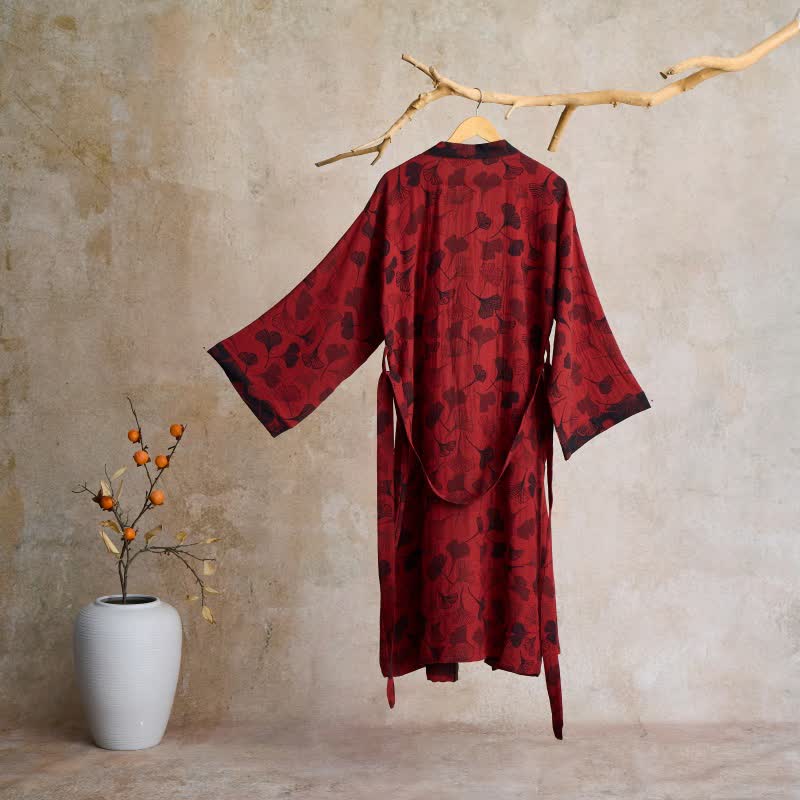 Peignoir kimono luxueux en gaze de coton avec imprimé de Ginkgo biloba | Robe de chambre légère pour femmes et hommes | Tissu respirant en gaze double couche | Sulvida