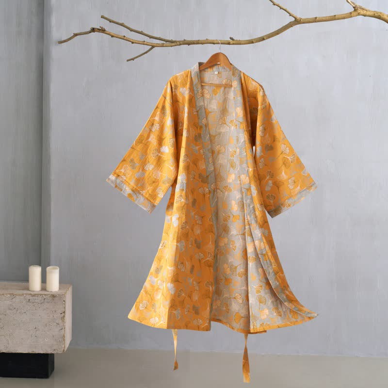 Peignoir kimono luxueux en gaze de coton avec imprimé de Ginkgo biloba | Robe de chambre légère pour femmes et hommes | Tissu respirant en gaze double couche | Sulvida