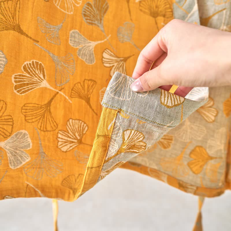 Peignoir kimono luxueux en gaze de coton avec imprimé de Ginkgo biloba | Robe de chambre légère pour femmes et hommes | Tissu respirant en gaze double couche | Sulvida