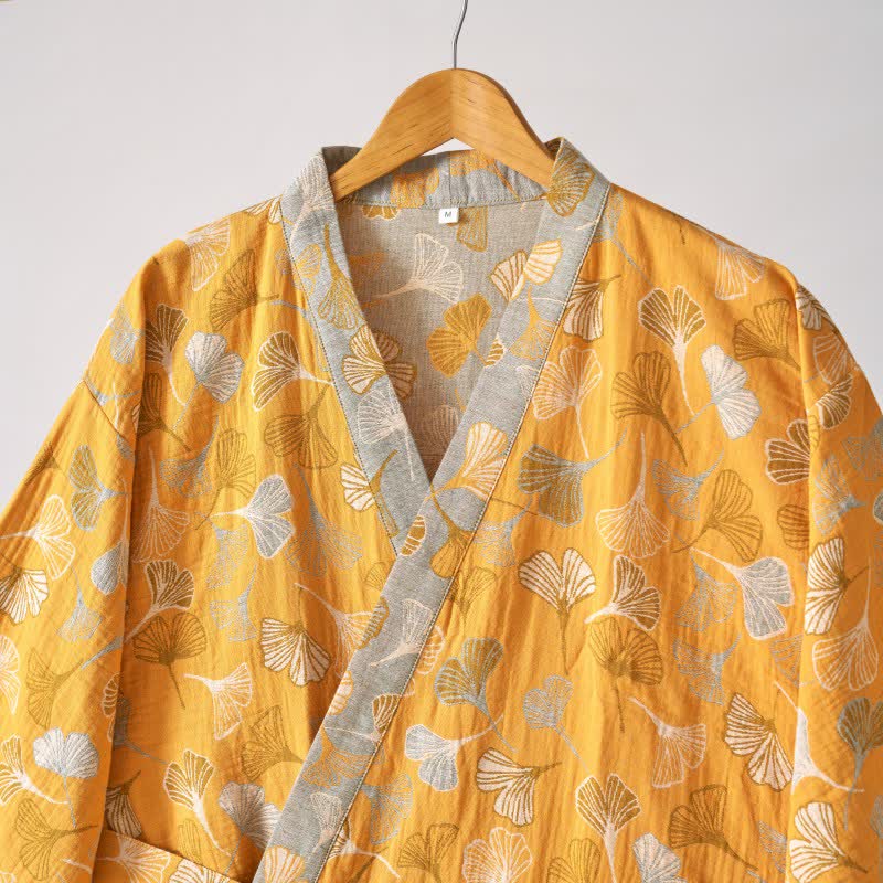 Peignoir kimono luxueux en gaze de coton avec imprimé de Ginkgo biloba | Robe de chambre légère pour femmes et hommes | Tissu respirant en gaze double couche | Sulvida