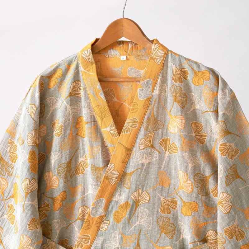 Peignoir kimono luxueux en gaze de coton avec imprimé de Ginkgo biloba | Robe de chambre légère pour femmes et hommes | Tissu respirant en gaze double couche | Sulvida