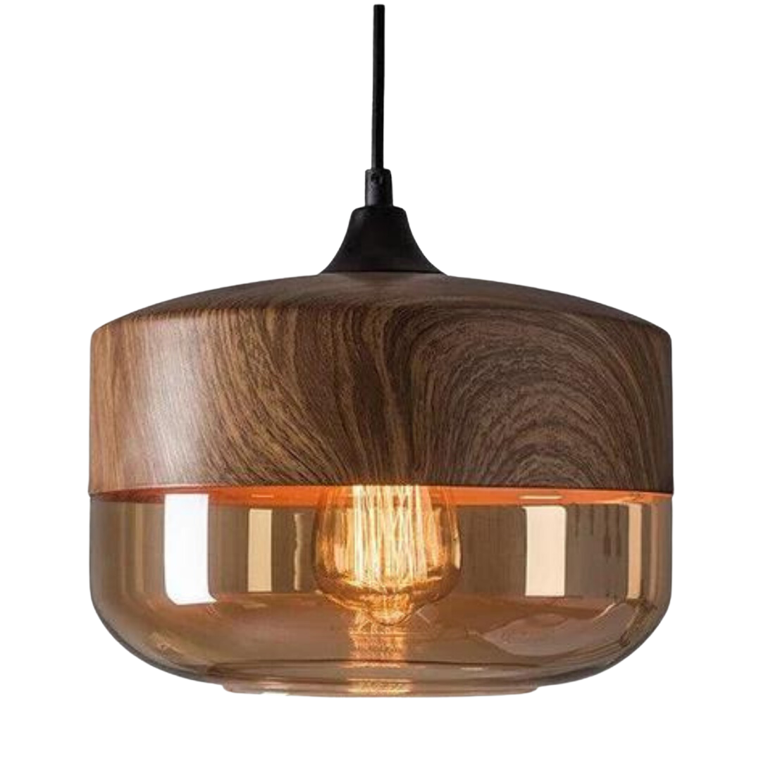 Suspension scandinave avec abat-jour en verre et structure effet bois – Éclairage dimmable pour salle à manger, salon, chambre – Hauteur réglable et diffusion de lumière chaude – Design intemporel | Sulvida