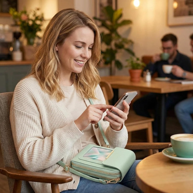 Pochette de téléphone bandoulière avec protection RFID et fenêtre tactile – Portefeuille sécurisé mains libres pour smartphones jusqu’à 6,7 pouces | Sulvida