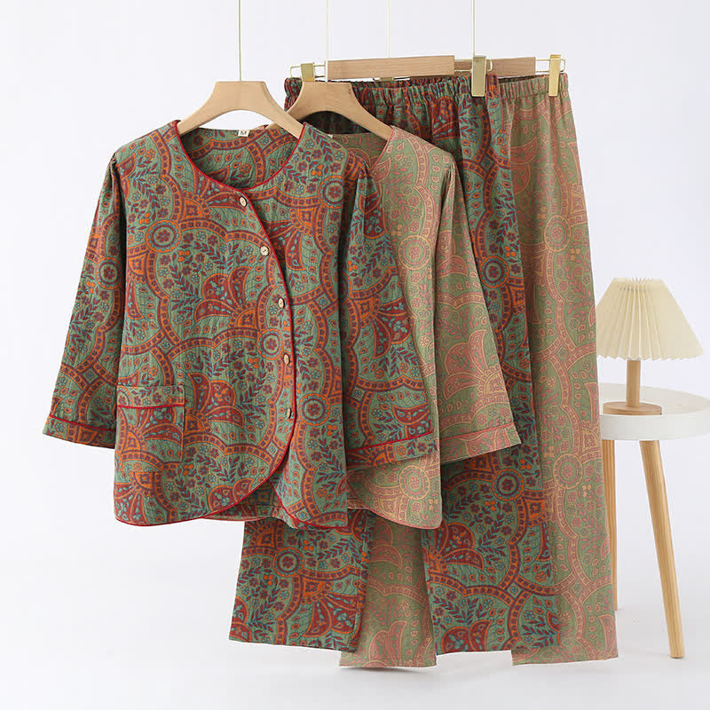 Ensemble de vêtements d’intérieur vintage en jacquard avec col rond et boutons – Vêtements d’intérieur doux en coton pour femmes et hommes, pyjama confortable pour la maison | Sulvida