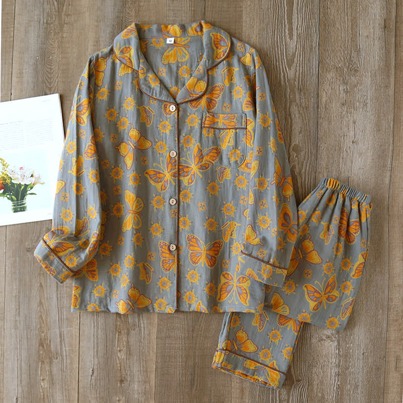 Ensemble de pyjama et vêtements d’intérieur pour femmes en coton, motif papillons vintage, manches longues, pour une détente confortable | Sulvida