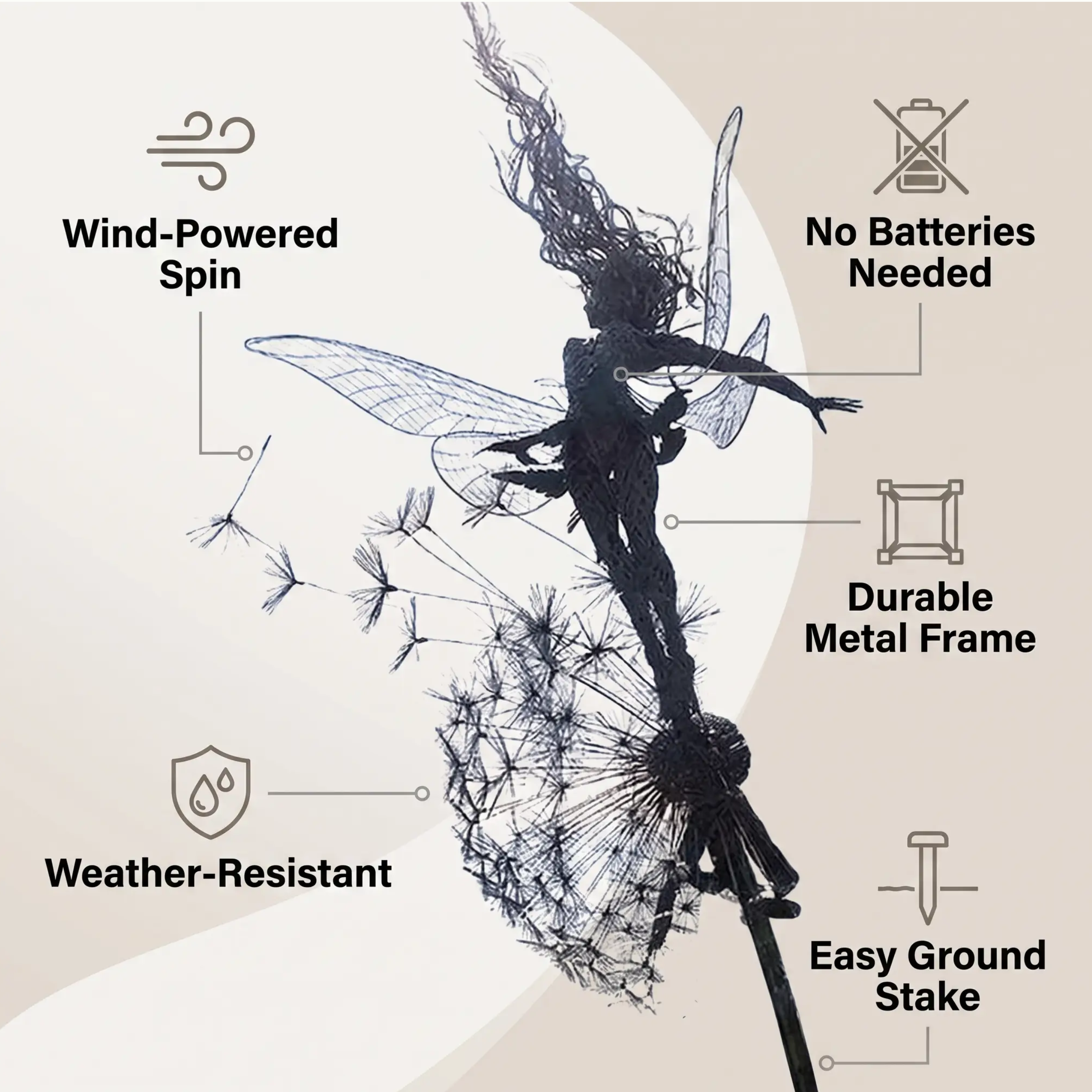 Décoration de Jardin en Métal Fée sur Pissenlit – Tuteur de Jardin Tournant Actionné par le Vent – Acier Inoxydable – Résistant aux Intempéries – Accessoire de Jardin pour Bordure, Terrasse ou Jardin de Cottage | Sulvida