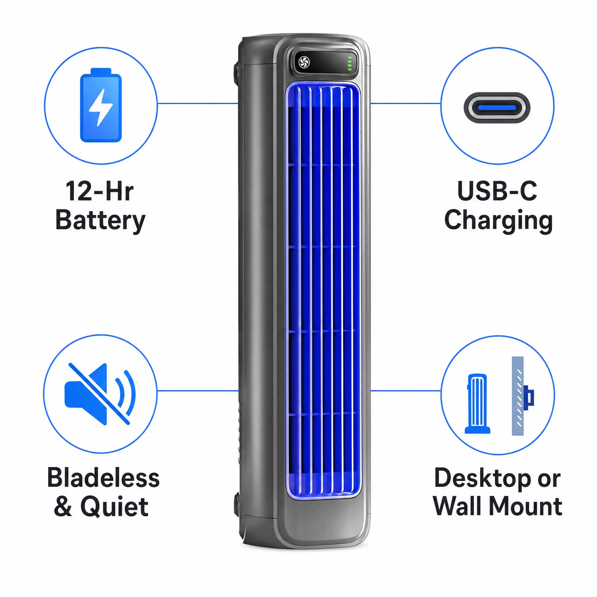 Ventilateur de Sol Portable Rechargeable avec Circulation d’Air Sans Lames – Autonomie de 12 Heures pour Maison, Bureau et Déplacements | Sulvida