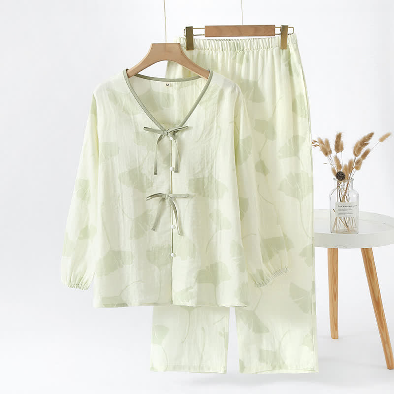 Ensemble de vêtements d’intérieur en coton avec motif de feuilles de ginkgo et détail à nouer – Ensemble de pyjama confortable en gaze double couche avec poches pour femmes, idéal pour le printemps, l’été et l’automne | Sulvida