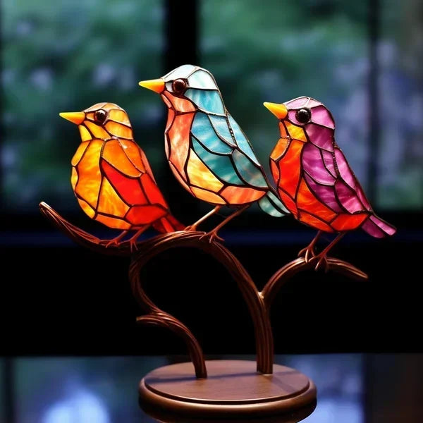 Decoratieve Vogelbeeldjes in Gekleurd Glas – Artistiek Interieurornament in Metaal | Sulvida
