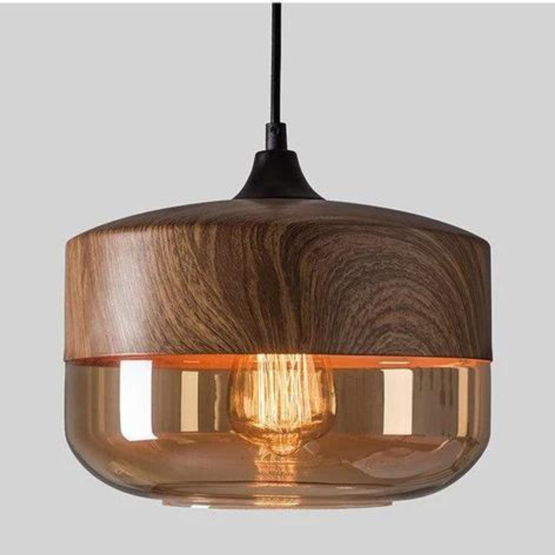 Suspension scandinave avec abat-jour en verre et structure effet bois – Éclairage dimmable pour salle à manger, salon, chambre – Hauteur réglable et diffusion de lumière chaude – Design intemporel | Sulvida