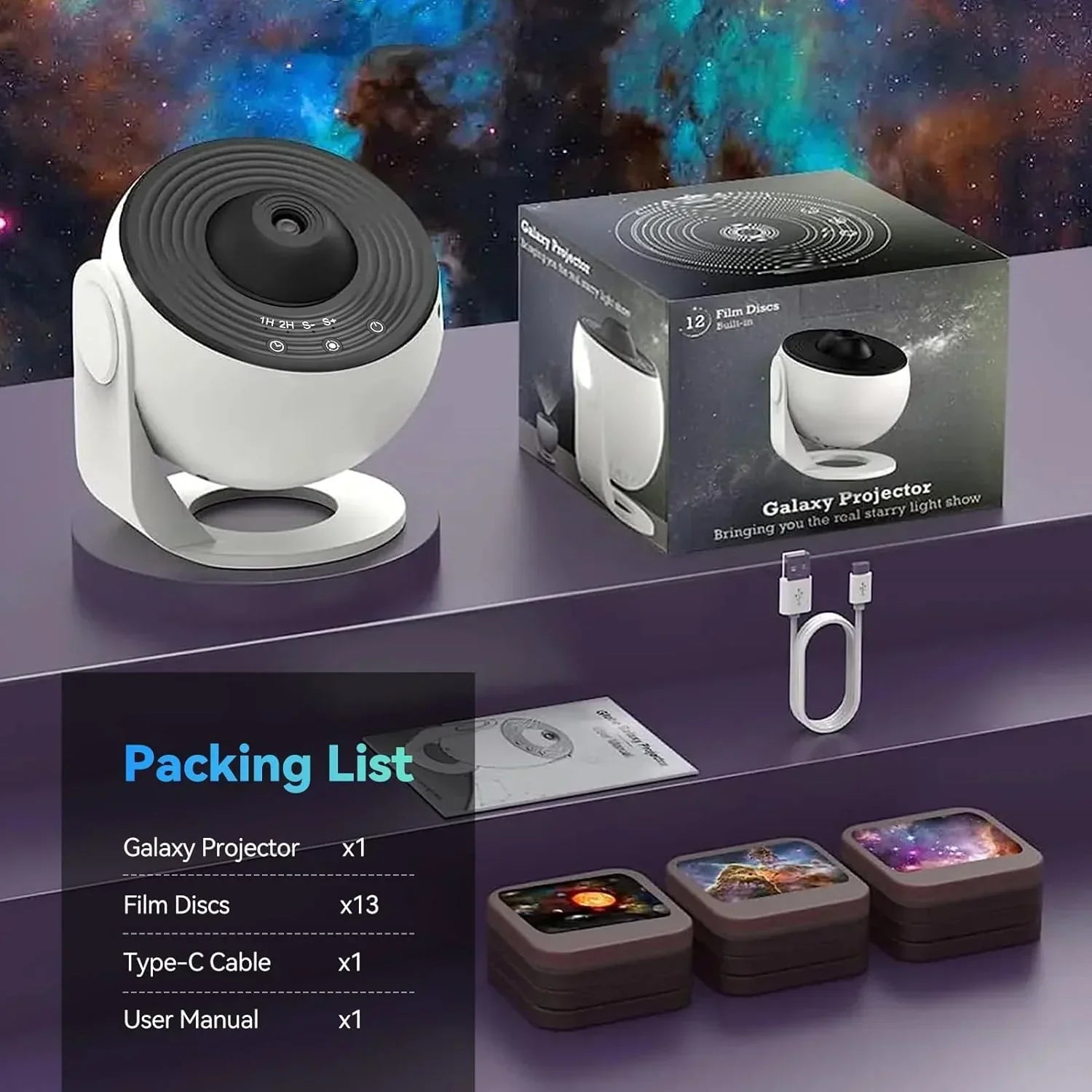 Projecteur d’étoiles Galaxy avec 13 disques interchangeables – boule de projection interchangeable pour créer une ambiance lumineuse dans la chambre, univers, planétarium et ciel étoilé | Sulvida