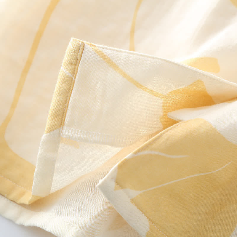 Ensemble de vêtements d’intérieur en coton avec motif de feuilles de ginkgo et détail à nouer – Ensemble de pyjama confortable en gaze double couche avec poches pour femmes, idéal pour le printemps, l’été et l’automne | Sulvida