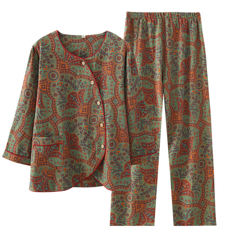 Ensemble de vêtements d’intérieur vintage en jacquard avec col rond et boutons – Vêtements d’intérieur doux en coton pour femmes et hommes, pyjama confortable pour la maison | Sulvida
