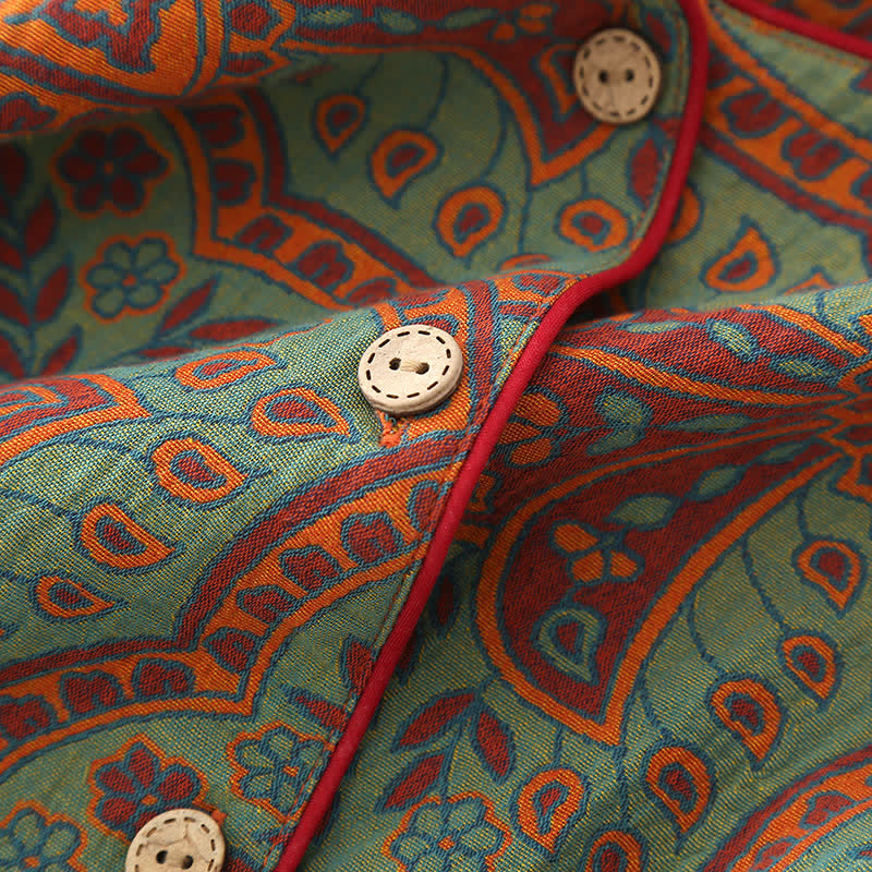 Ensemble de vêtements d’intérieur vintage en jacquard avec col rond et boutons – Vêtements d’intérieur doux en coton pour femmes et hommes, pyjama confortable pour la maison | Sulvida