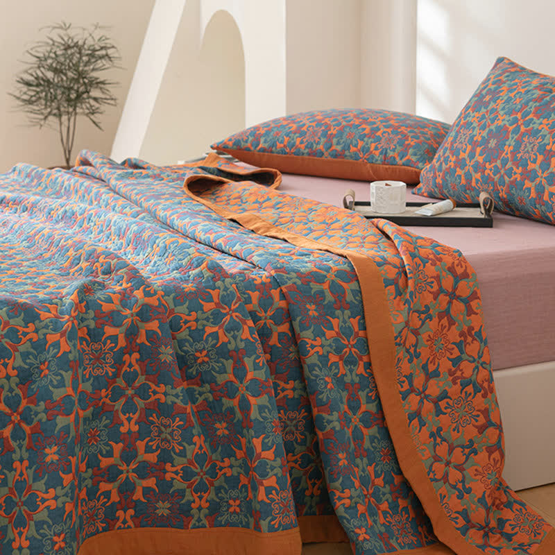 Quilt en coton à six couches, motif orange et bleu, couette réversible, textile de lit respirant pour une chambre moderne | Sulvida