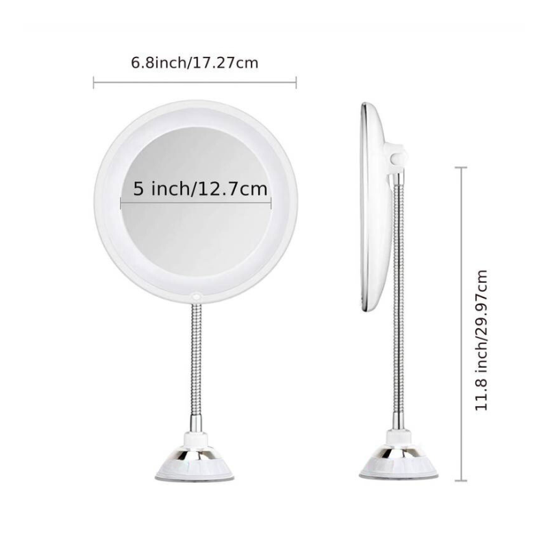 Miroir de maquillage grossissant avec éclairage LED – Grossissement 10x, bras flexible, fixation par ventouse – Miroir de salle de bains pour le rasage et les soins de la peau | Sulvida