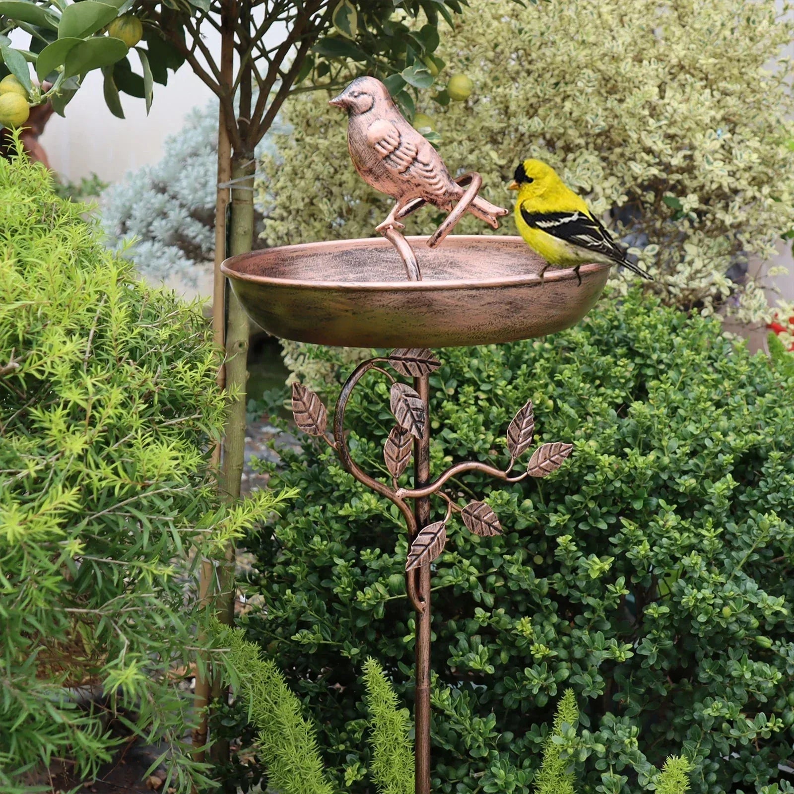 Bain d'oiseaux décoratif avec tige solide pour jardin | Ornement de jardin en métal avec bassin d'eau | Sulvida