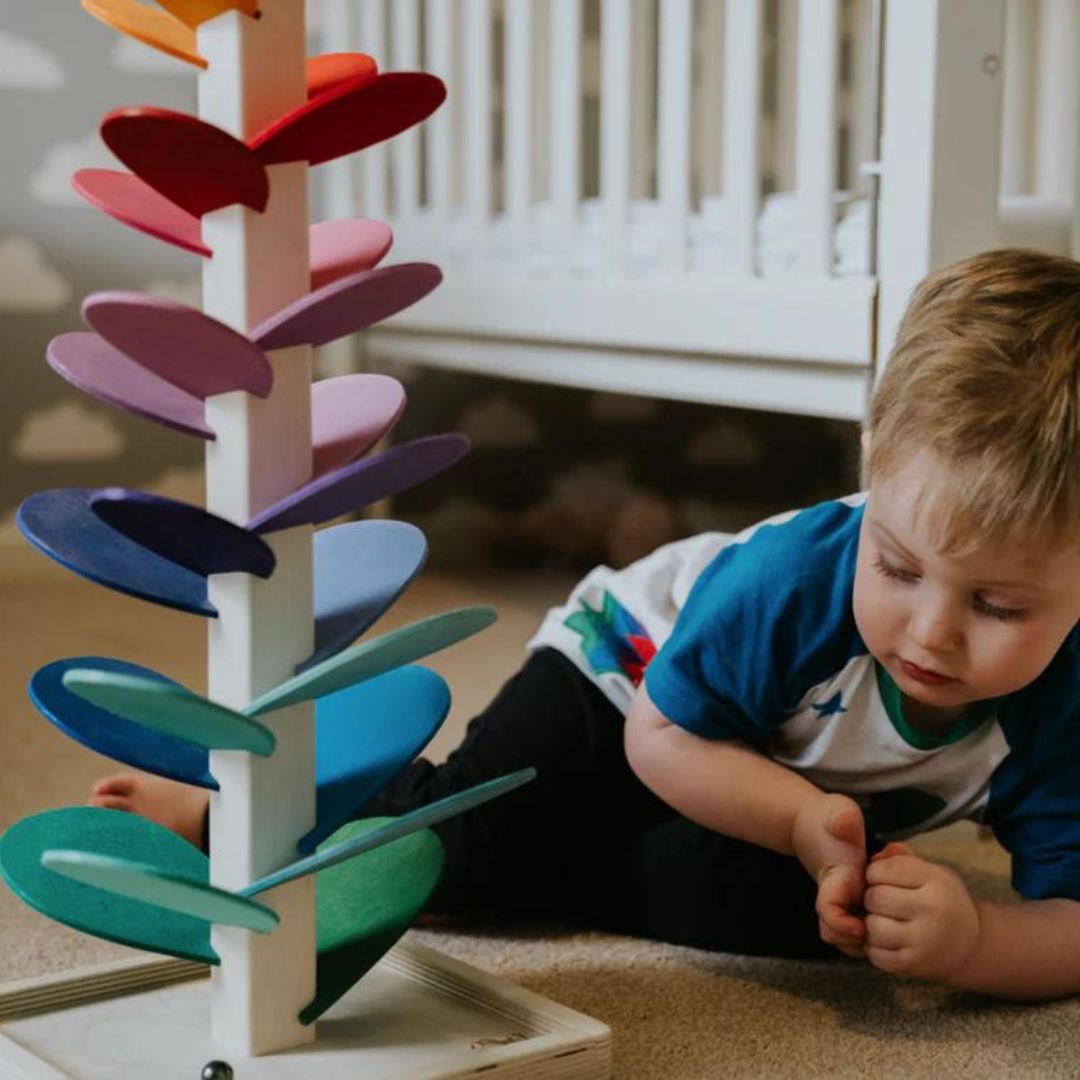 Circuit de billes en bois arc-en-ciel avec sons, 71cm – jouet éducatif Montessori pour enfants avec expériences de couleurs et de sons | Sulvida