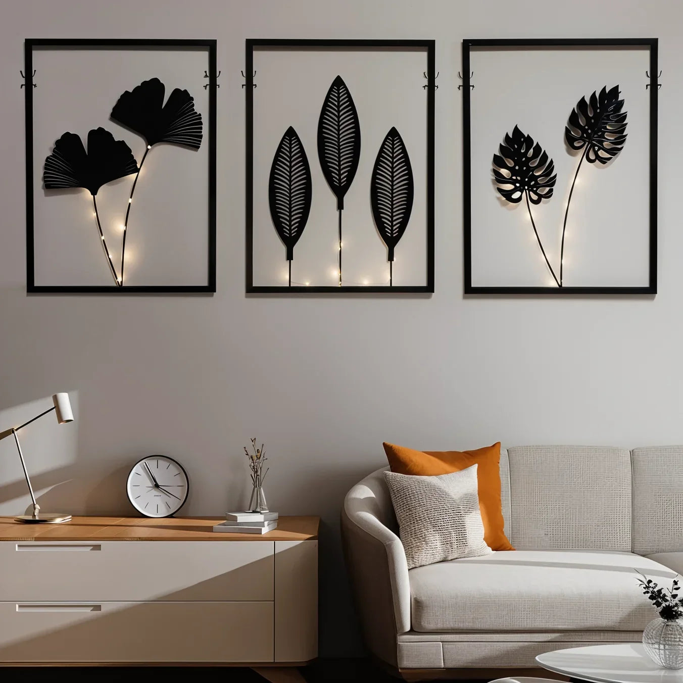 Cadre LED décoratif avec motif de feuilles et changement de couleur pour une décoration intérieure chaleureuse, 40x30 cm | Sulvida