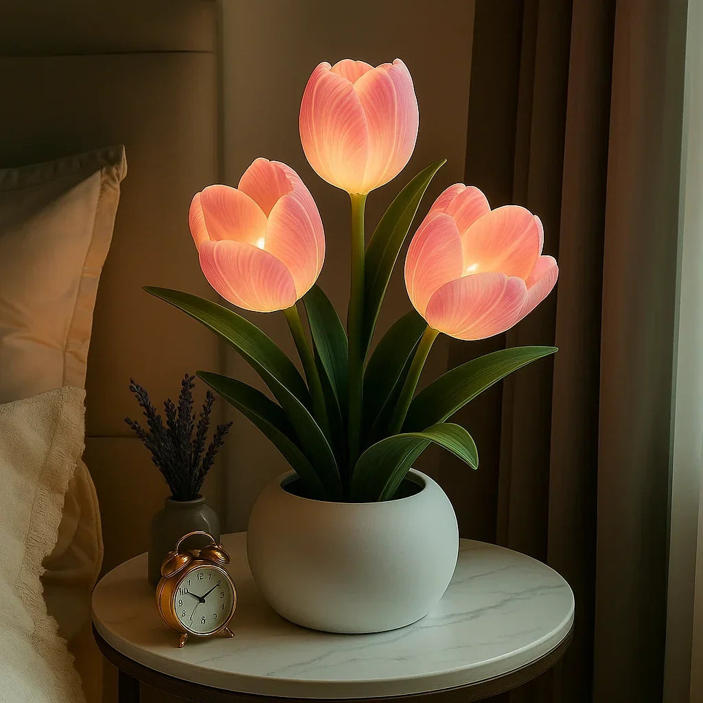 Lampe tulipe LED décorative pour le salon – Lumière blanc chaud – Lampe florale d’ambiance avec vase – Lampe de table moderne et veilleuse pour la chambre ou le bureau | Sulvida