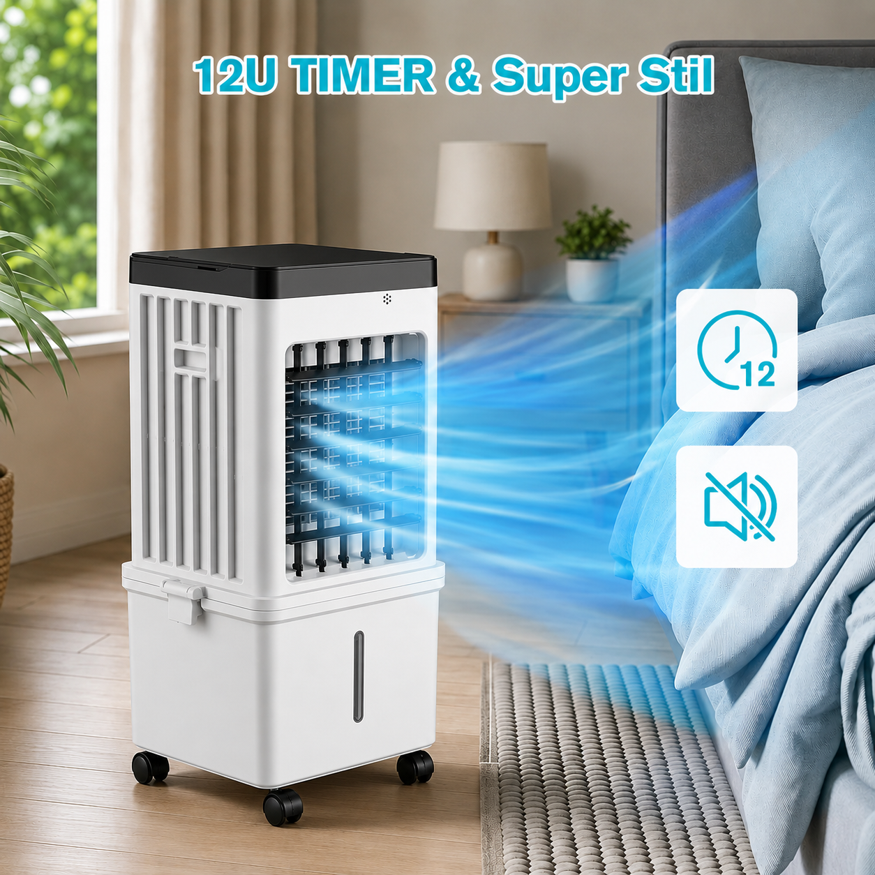 Mobiele Aircooler met 15L Watertank en Koelelementen – Verplaatsbare Luchtkoeler met 3 Snelheden en Watercooling voor Slaapkamer Woonkamer Kantoor Zomerse Verkoeling Zwenkfunctie | Sulvida