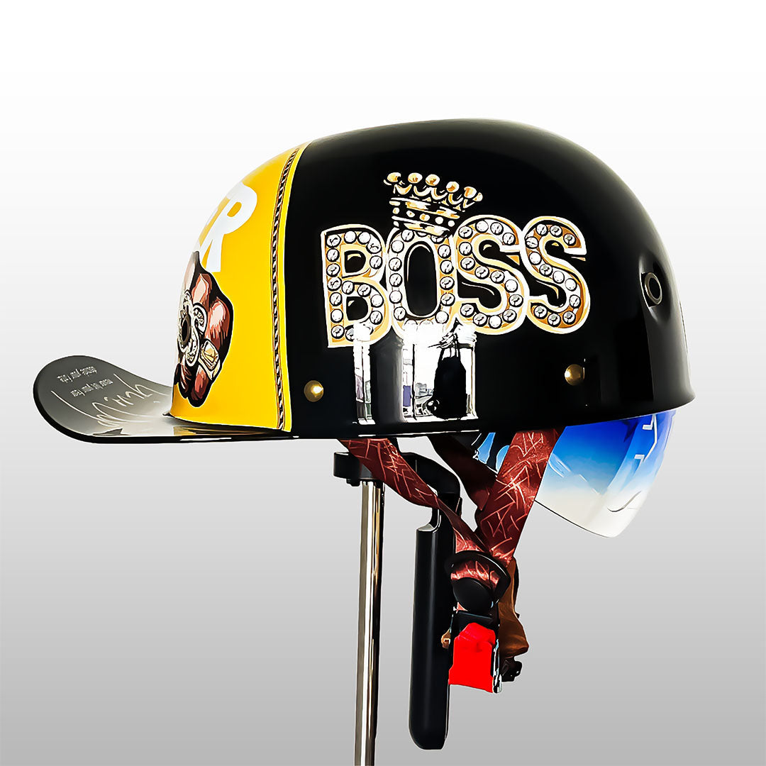 Demi-casque de moto de style casquette de baseball avec design d’ailes dorées, look vintage, coque en ABS, casque de protection pour moto, scooter, chopper et cruiser M L XL 2XL | Sulvida