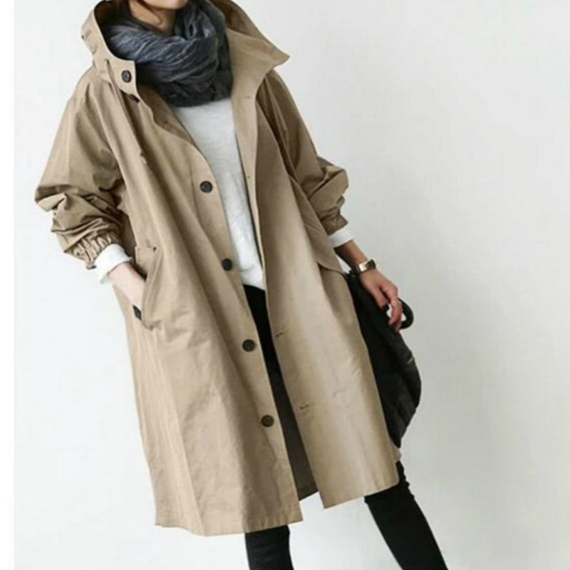 Trench-coat femme coupe midi coupe ample avec capuche coupe-vent pour automne hiver | Sulvida
