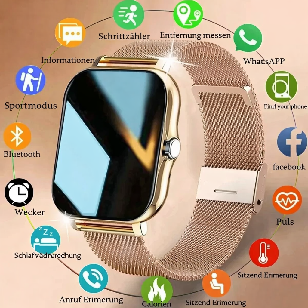 Montre connectée multifonction avec suivi de la santé et de la condition physique – montre haut de gamme pour femme avec mesure de la fréquence cardiaque, de la pression artérielle et du sommeil – design élégant, compatible iOS et Android | Sulvida
