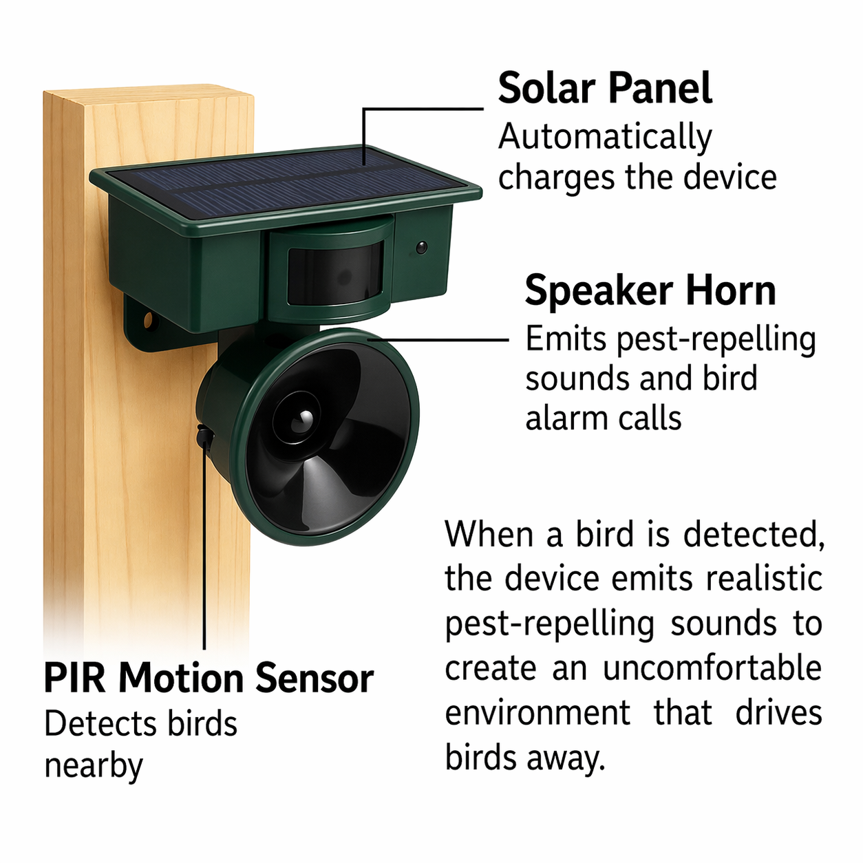Vogelafweersysteem met PIR-sensor en natuurlijke roofdiergeluiden voor bescherming tegen duiven, kraaien en eksters | Sulvida