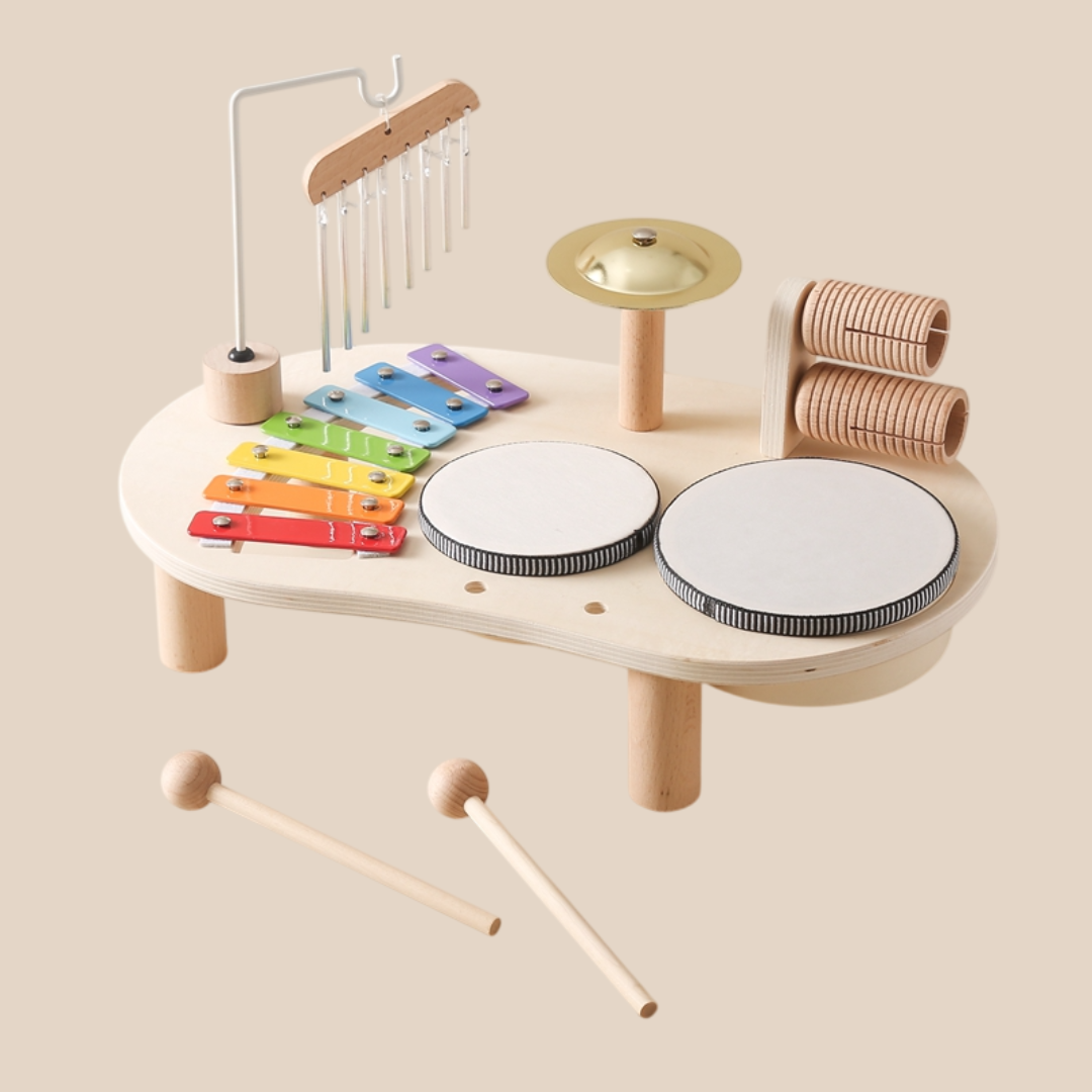 Jouet musical en bois pour enfants – table de jeu multi-instruments avec xylophone, tambours et hochets – jouet d’éveil musical dès 1 an – jouet créatif de développement du rythme et de la musique | Sulvida