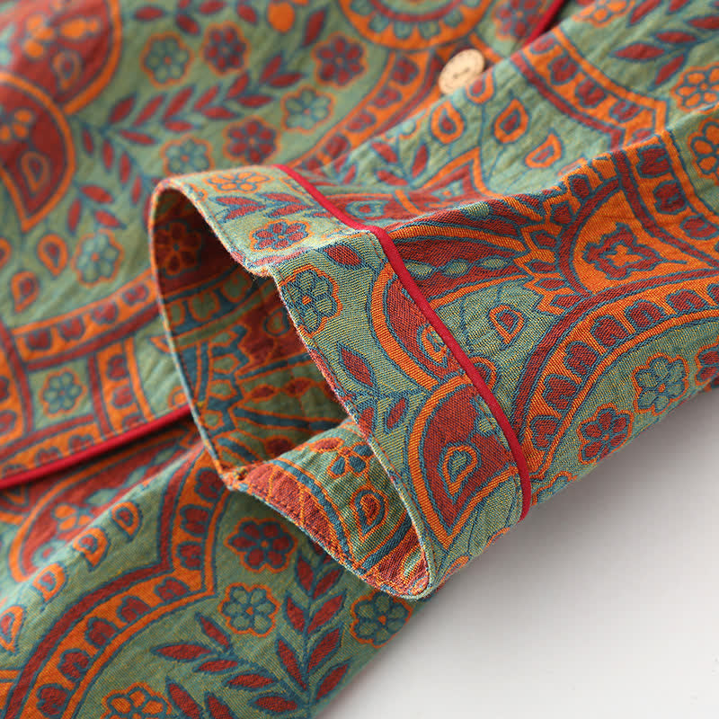 Ensemble de vêtements d’intérieur vintage en jacquard avec col rond et boutons – Vêtements d’intérieur doux en coton pour femmes et hommes, pyjama confortable pour la maison | Sulvida