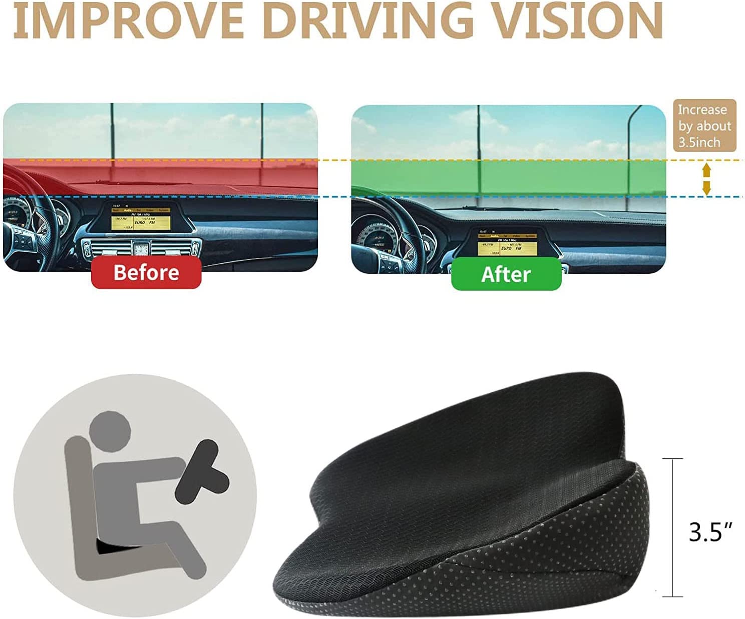 Coussin de siège auto pour conducteurs de petite taille – Coussin rehausseur en mousse à mémoire de forme – Rehausseur ergonomique pour voiture – Confort & soutien dorsal | Sulvida