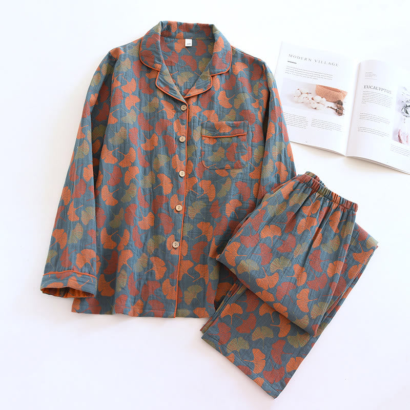 Ensemble de vêtements d’intérieur pour femmes en coton avec imprimé de feuilles de ginkgo – Ensemble de pyjama doux et respirant pour le printemps et l’été – Pyjama boutonné pour femmes | Sulvida