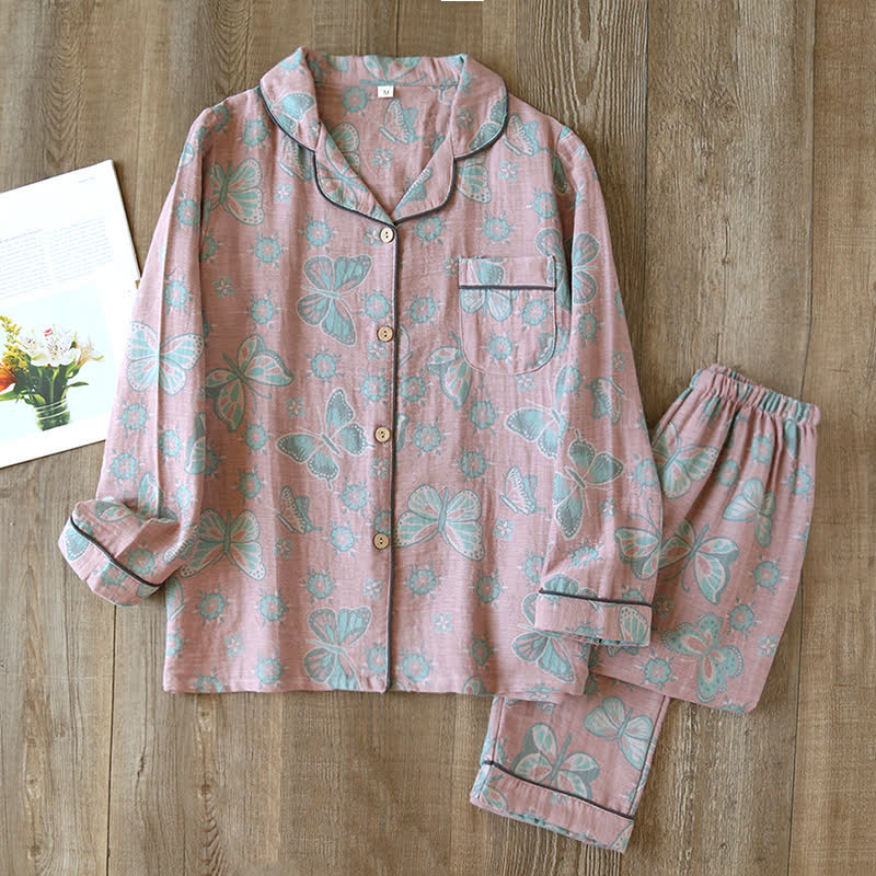 Ensemble de pyjama et vêtements d’intérieur pour femmes en coton, motif papillons vintage, manches longues, pour une détente confortable | Sulvida