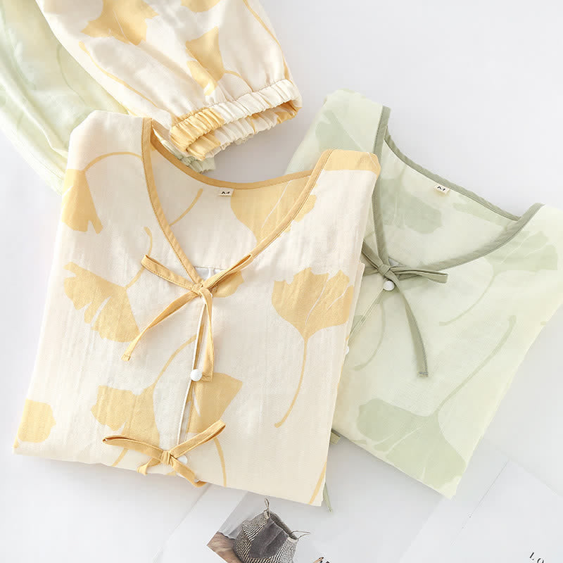 Ensemble de vêtements d’intérieur en coton avec motif de feuilles de ginkgo et détail à nouer – Ensemble de pyjama confortable en gaze double couche avec poches pour femmes, idéal pour le printemps, l’été et l’automne | Sulvida