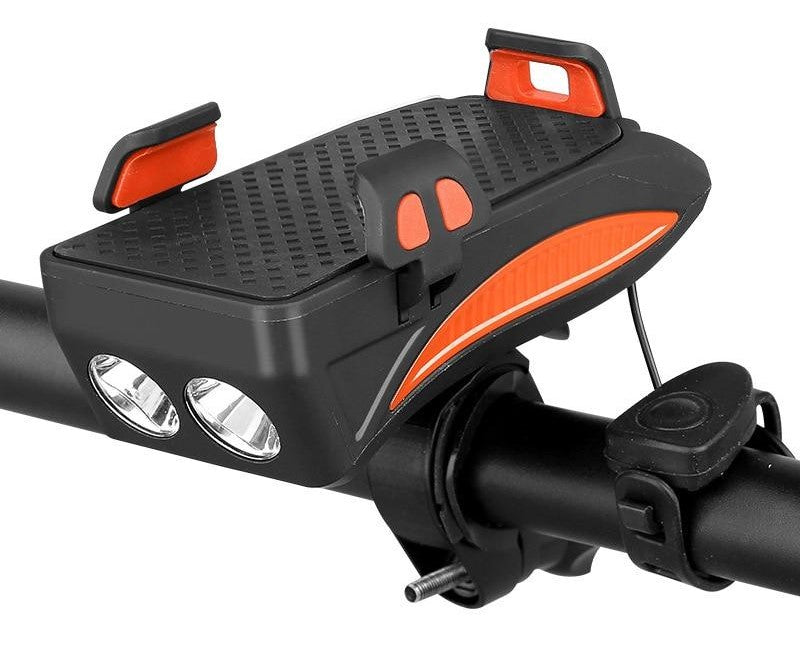 Support de guidon de vélo multifonction 4-en-1 avec batterie externe, éclairage LED et klaxon pour faire du vélo en toute sécurité et recharger son smartphone | Sulvida
