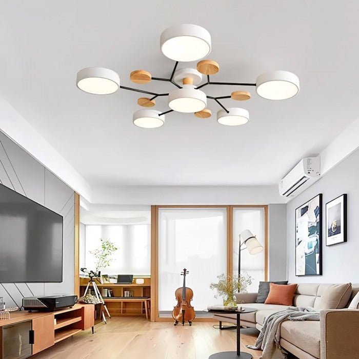 Moderne Scandinavische LED Plafondlamp met Houten Takken en Cirkelvormige Lichtpunten – Energiezuinige Designverlichting voor Woonkamer en Slaapkamer | Sulvida