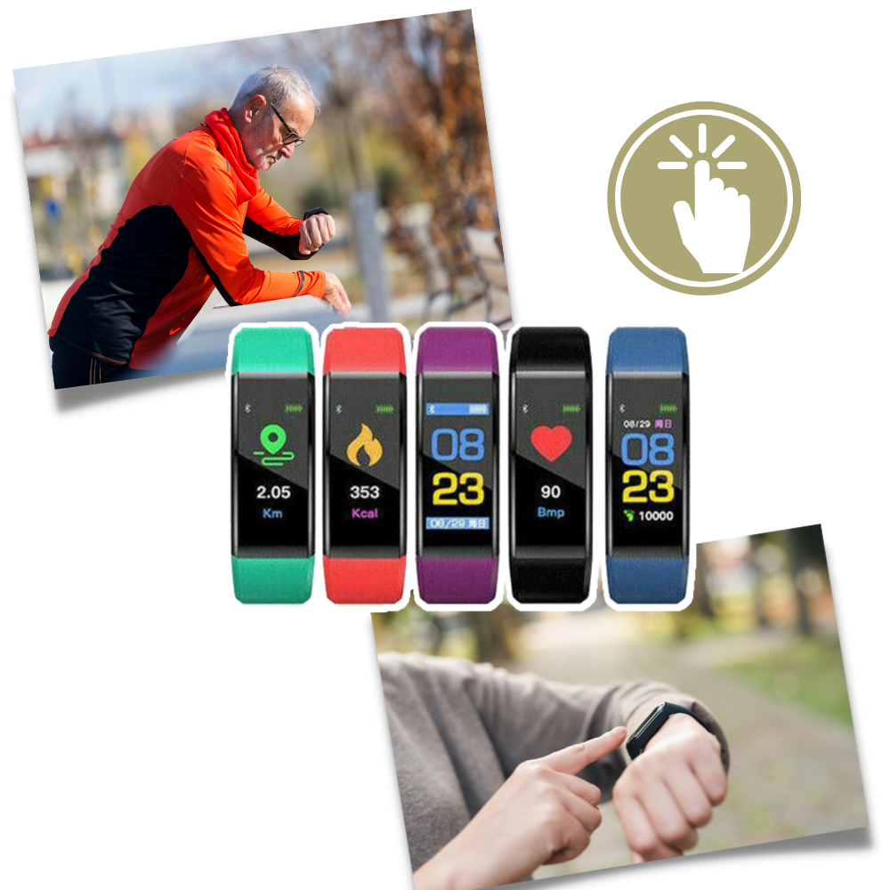 Montre connectée pour seniors avec moniteur de fréquence cardiaque et tensiomètre | Noir Rouge Vert Bleu Violet | Sulvida